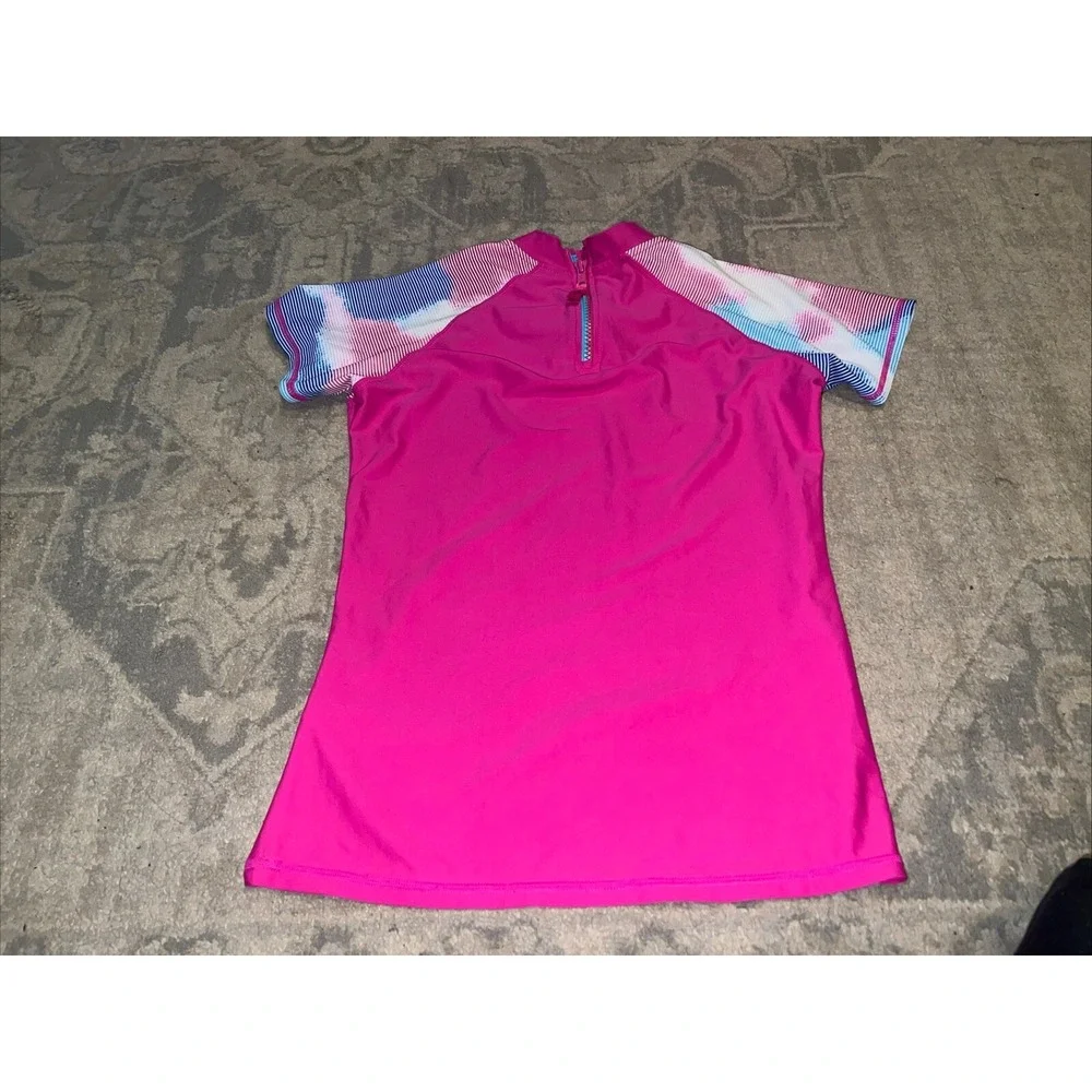 Girls Eddie Bauer‎ Large 14-16 Swim Sun Shirt Pink Zip Short Sleeve